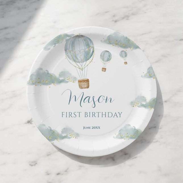 Sky Adventure Blue Hot Air Balloon First Birthday Paper Plate (Creator Uploaded)
