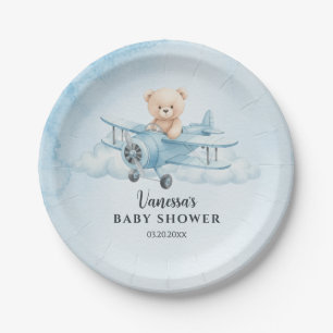 Sky Adventure Cute Teddy Bear Pilot Baby Shower Paper Plate