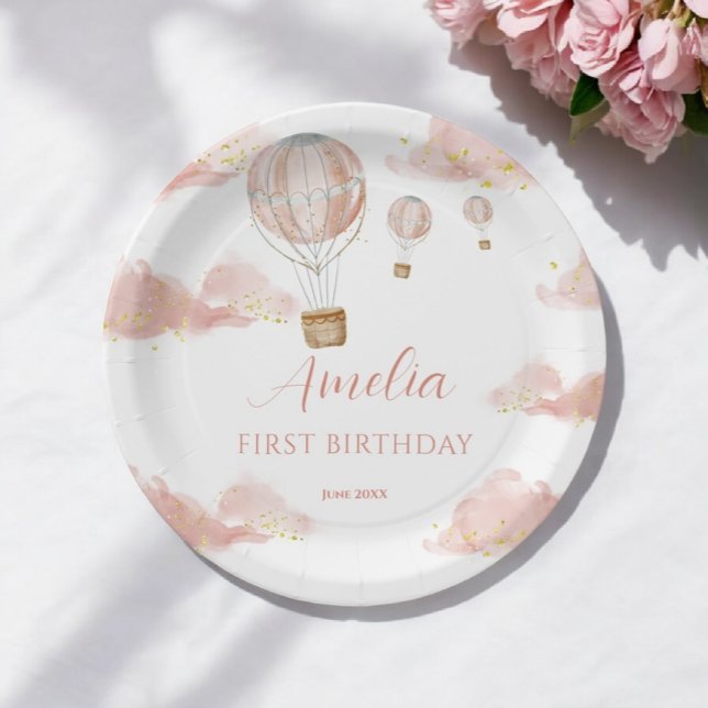 Sky Adventure Pink Hot Air Balloon First Birthday Paper Plate (Creator Uploaded)