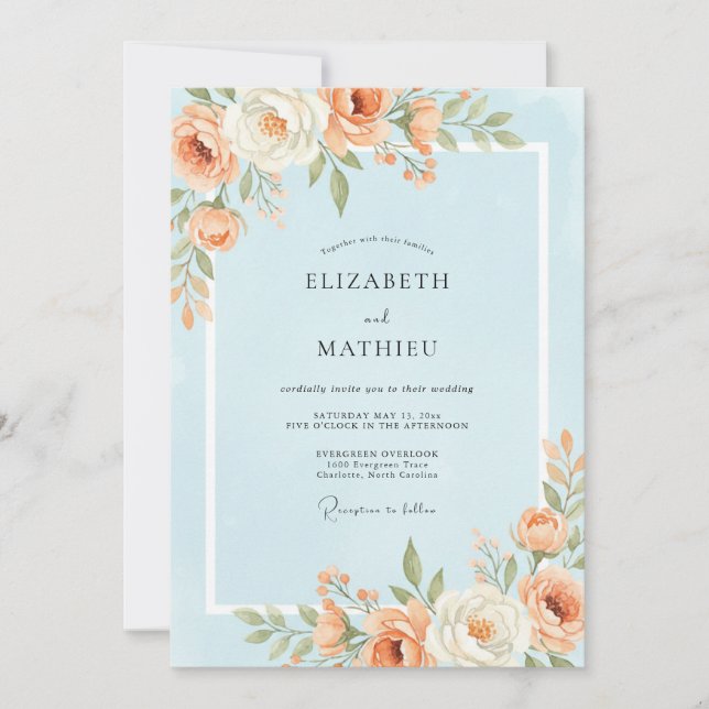 Sky Apricot Peony Wedding Invitation (Front)