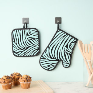 Sky Aqua Blue Black Zebra Print Oven Mitt & Pot Holder Set