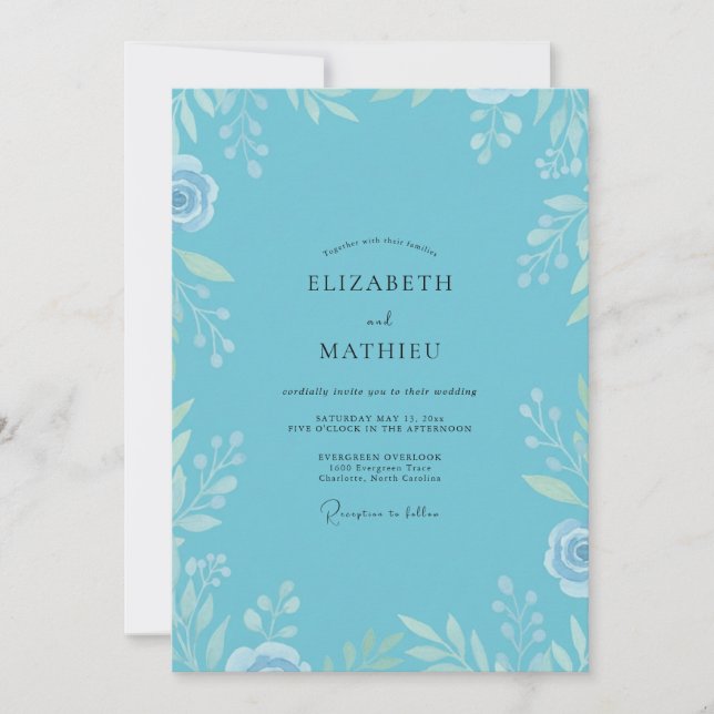 Sky Azure Leafy Wedding Invitation (Front)