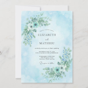 Sky Azure Painted Bouquet Wedding Invitation