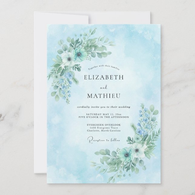 Sky Azure Painted Bouquet Wedding Invitation (Front)