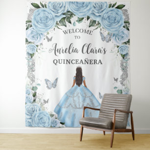 Sky Baby Blue Floral Princess Quinceañera Backdrop Tapestry