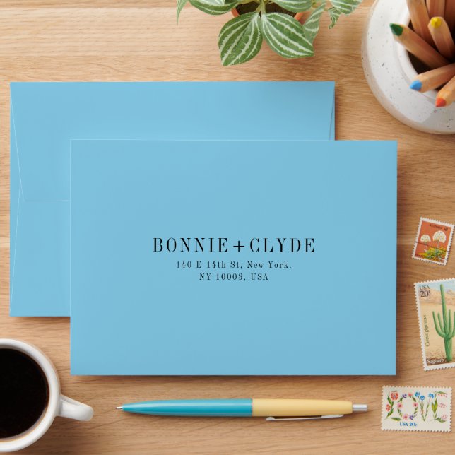 Sky Blue A7 Wedding RSVP Envelope with Address (Desk)