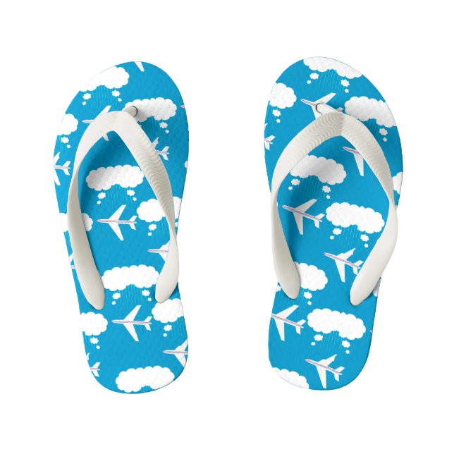 Sky Blue Aeroplane Pattern Kid's Flip Flops (Footbed)