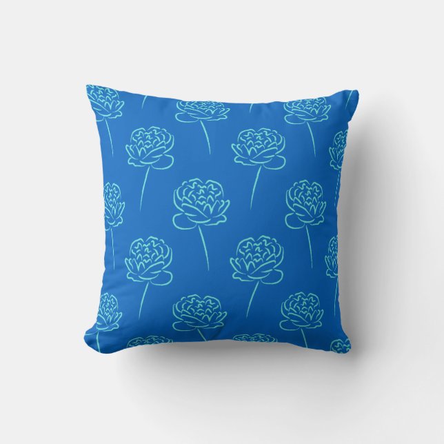 Sky Blue and Aqua Flower Sketch Pillow (Front)