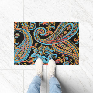 Sky Blue and Autumn Orange Vintage Paisley Doormat