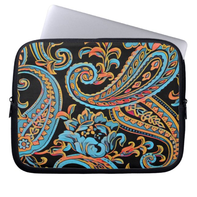 Sky Blue and Autumn Orange Vintage Paisley Laptop Sleeve (Front)
