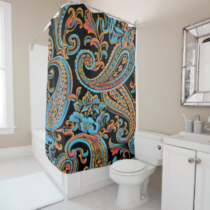 Sky Blue and Autumn Orange Vintage Paisley Shower Curtain