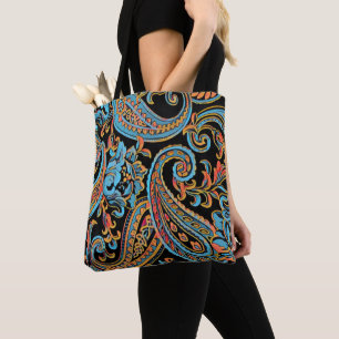 Sky Blue and Autumn Orange Vintage Paisley Tote Ba Bag