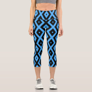 Sky blue and black diamond pattern capri leggings