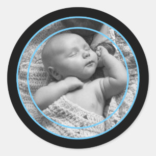 Sky Blue and Black Photo Frame Classic Round Sticker