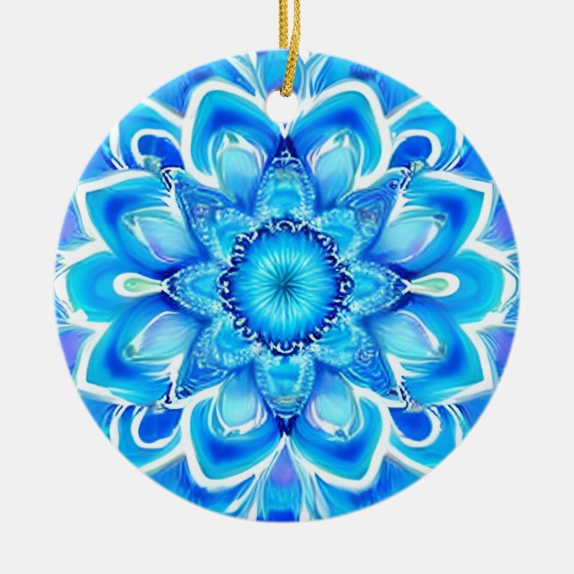 Sky Blue and Cobalt Batik Mandala Pattern  Ceramic Tree Decoration (Front)