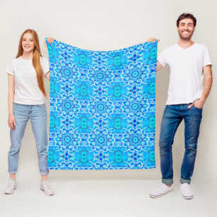 Sky Blue and Cobalt Batik Mandala Pattern Fleece Blanket