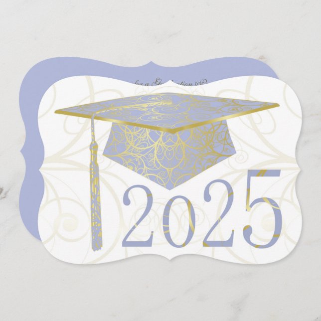 Sky Blue and Gold Floral Cap 2025 Graduation Party Invitation (Front/Back)