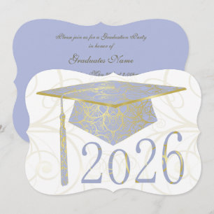 Sky Blue and Gold Floral Cap 2026 Graduation Party Invitation