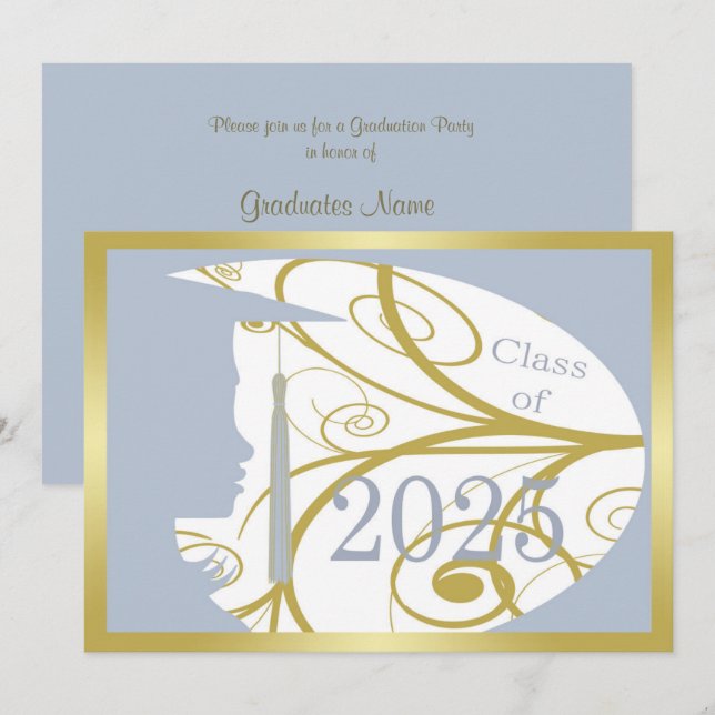 Sky Blue and Gold Silhouette 2025 Graduation Party Invitation (Front/Back)
