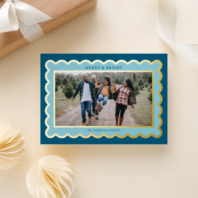 Sky Blue and Navy Preppy Scallop Photo Frame Foil Holiday Card (Pretty scalloped aqua blue and navy frame with a preppy Kate spade vibe and real foil holiday card)