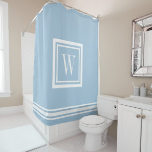 Sky Blue and White Classic Square Monogram Shower Curtain