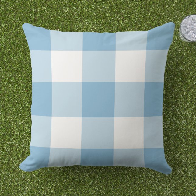 Sky Blue and White Gingham Plaid Pattern Cushion (Grass)