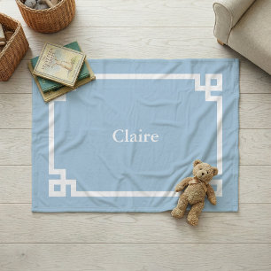 Sky Blue and White Greek Key Monogram Fleece Blanket