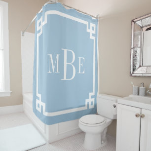 Sky Blue and White Greek Key   Monogrammed Shower Curtain