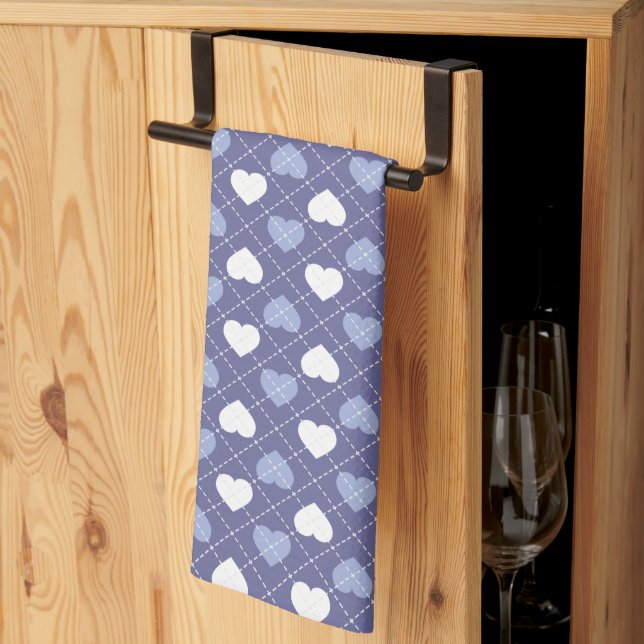 Sky Blue and White Hearts Argyle  Tea Towel (Thirds Fold)