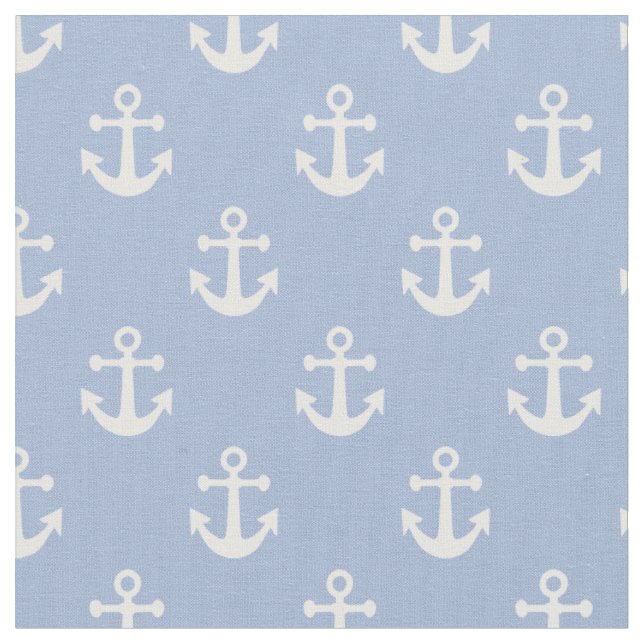 Sky Blue and White Nautical Anchors Pattern Fabric (Close Up)