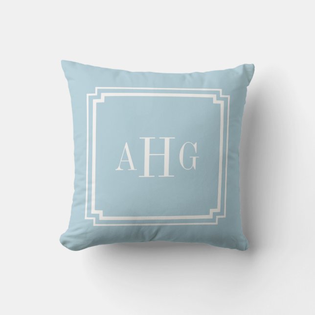 Sky Blue and White Notched Corner Custom Monogram Outdoor Cushion (Front)