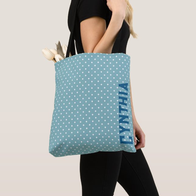 Sky Blue and White Polka Dot Personalised Tote Bag (Close Up)
