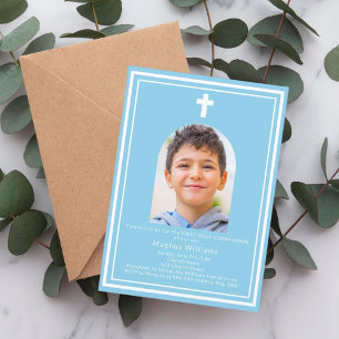 Sky blue arch photo boy First Holy Communion Invitation