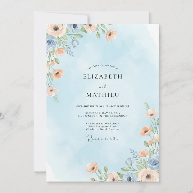 Sky Blue Artistic Floral Wedding Invitation (Front)