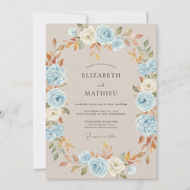 Sky Blue Autumn Bloom Wedding Invitation (Front)