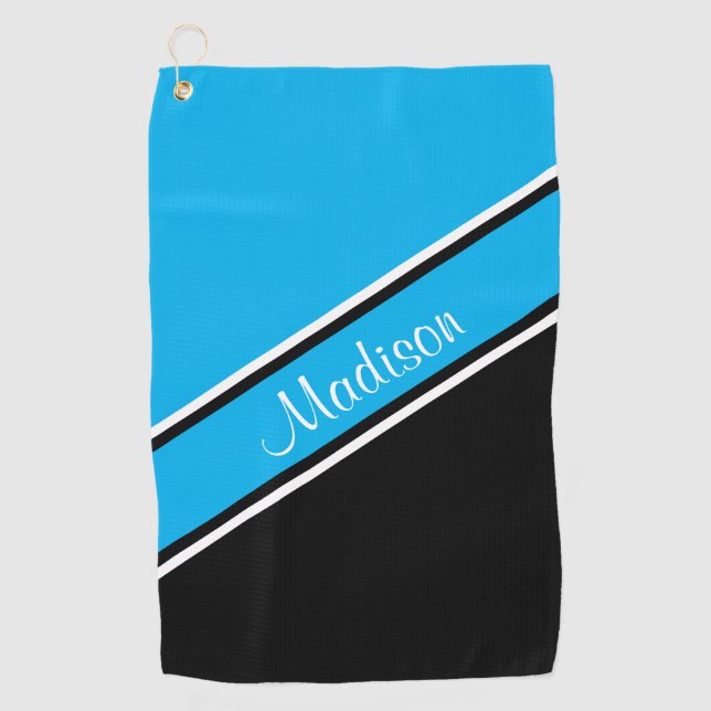 Sky Blue Black Diagonal Stripe Script Name Golf Towel (Front)