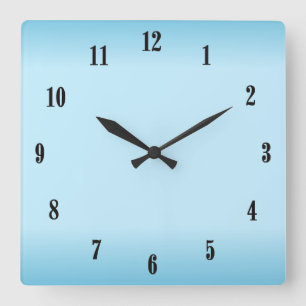 Sky Blue Black Numbers Square Wall Clock