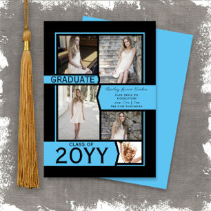 Sky Blue Black Photo Collage Class of Graduation Announcement
