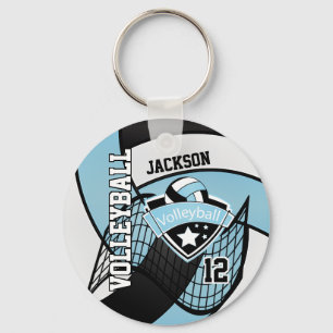 Sky Blue, Black & White Volleyball Design Key Ring