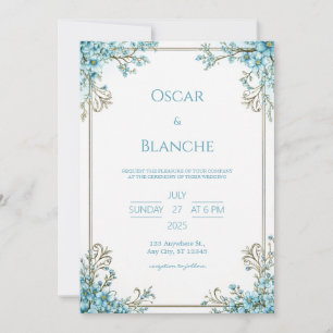 Sky Blue Blossom Elegant Gold Frame Wedding Invitation
