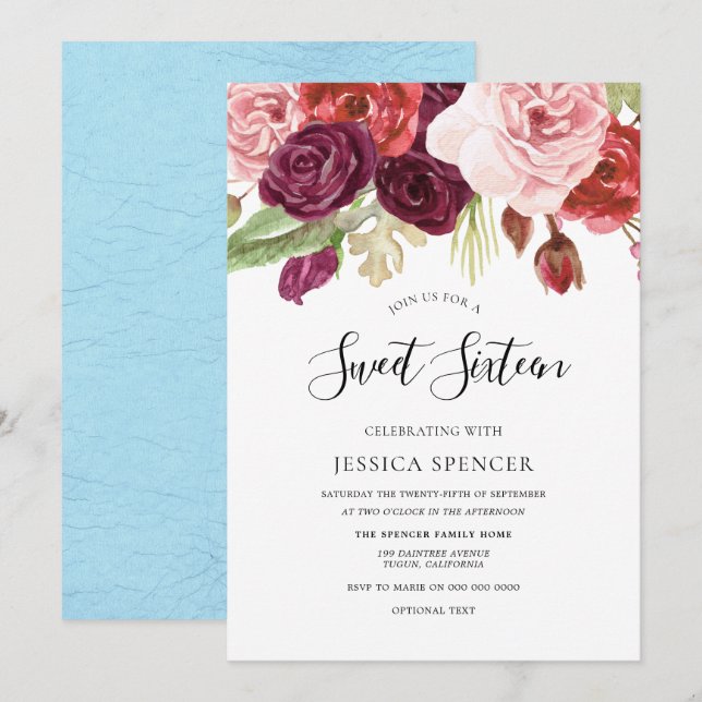 Sky Blue Blush & Burgundy Sweet 16 Invite (Front/Back)