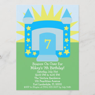 Sky Blue Bounce On Over Moon Bounce Birthday Party Invitation