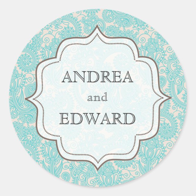 Sky Blue Bride & Groom Names Paisley Sticker Tag (Front)