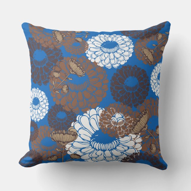 Sky Blue Broun Flower Throw Pillow (Front)