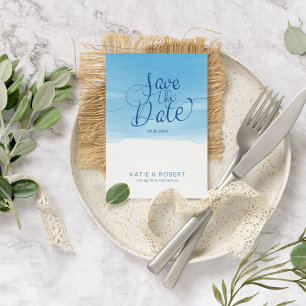 Sky-blue brushstrokes Save the Date typography Announcement Postcard