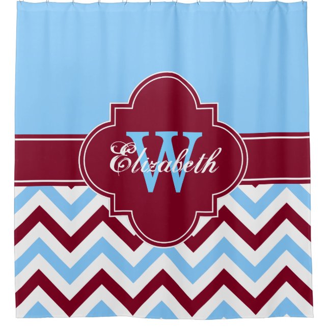 Sky Blue Burgundy LG Chevron 1ICBR Name Monogram Shower Curtain (Front)