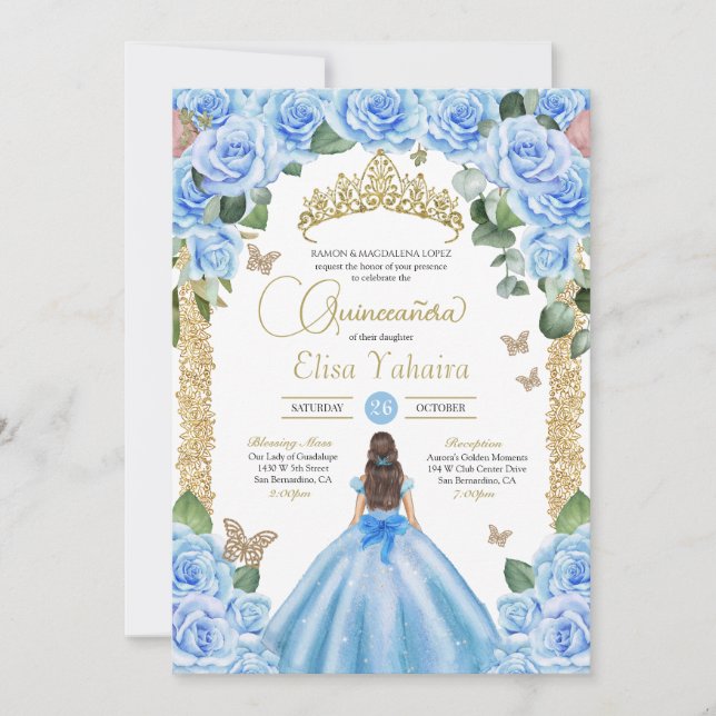Sky Blue Butterfly Princess Dress Quinceanera Invitation (Front)