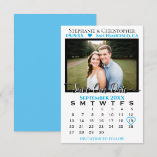 Sky Blue Calendar & Photo Wedding Save Our Date Card