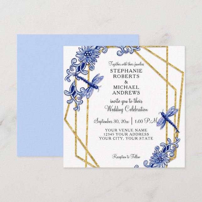 Sky Blue Chinoiserie Dragonfly Floral Watercolor Invitation (Front/Back)