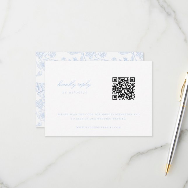 Sky Blue Chinoiserie Wedding QR Code RSVP Card (Front/Back In Situ)
